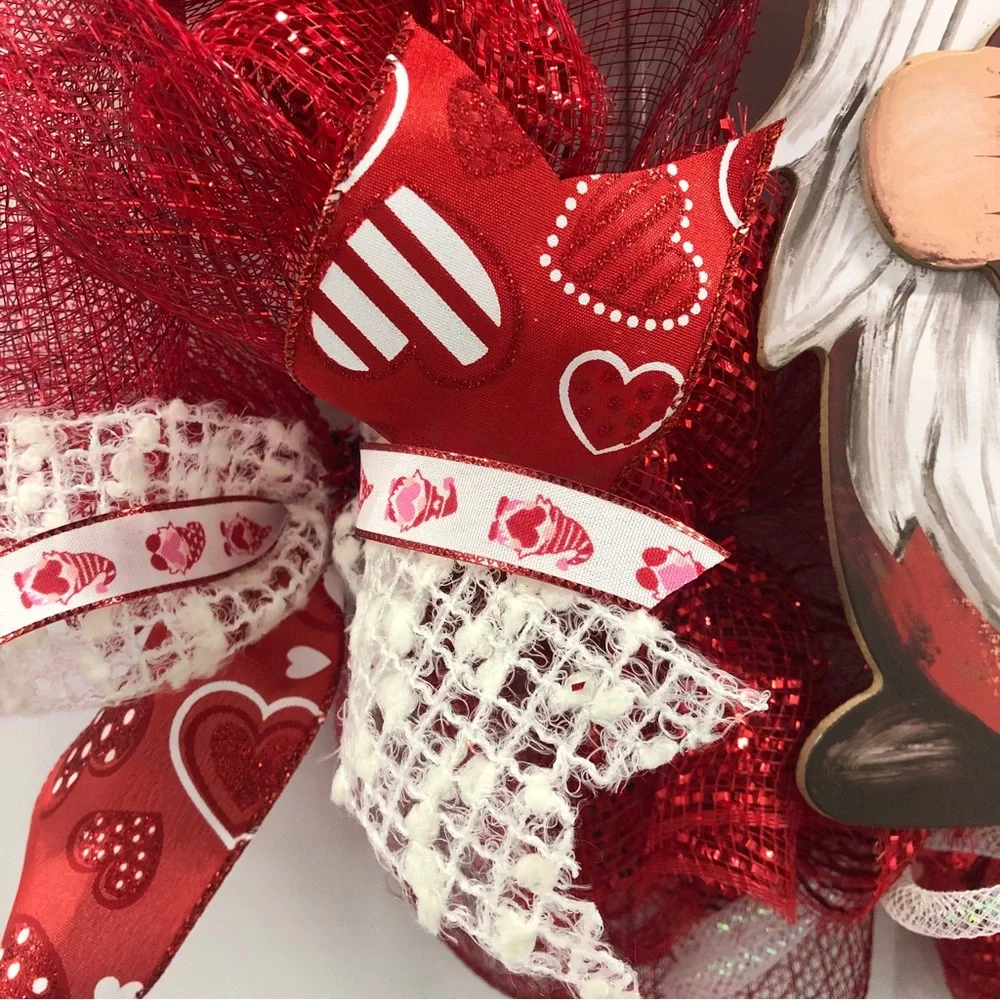 Gnome Deco Mesh Valentines Wreath Ribbons Hearts Red White Tubing Love